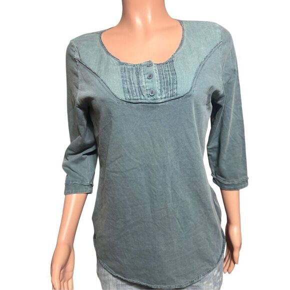 Pulp crew neck 3/4 sleeve detail front ribbed Aegean blue novelty top M - Picture 4 of 5